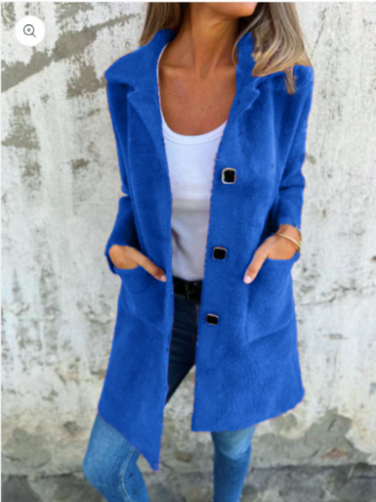 Women's Solid Color Lapel Pocket Cardigan - Single-Breasted Mid-Length Coat (Available in Blue, Camel, Apricot, Coffee, Orange, Pink, Black, Gray)