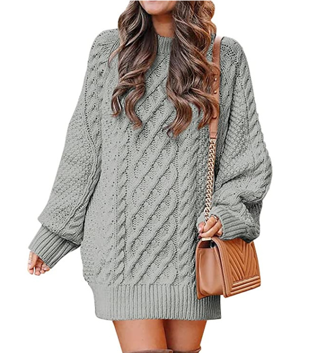 New Arrival Women's Loose Fit Mock Neck Chunky Knit Pullover Plus Size Solid Color Sweater (Available in Gray/Tangerine Red/White/Dark Green/Pink/Caramel/Light Blue/Lotus Root Color/Navy Blue/Burgundy/Off-White/Black)