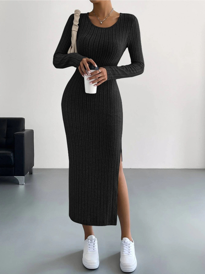 Fall & Winter New Arrival Women's Long Sleeve Crew Neck Split Hem Knit Maxi Dress - Available in Black, Light Gray & Army Green