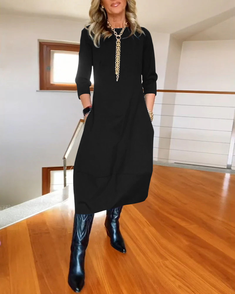 Fall & Winter New Arrival Women's Versatile Solid Color Loose Crew Neck Long Sleeve Dress - Available in Black, White, Burgundy, Green, Brown, Navy Blue & Gray