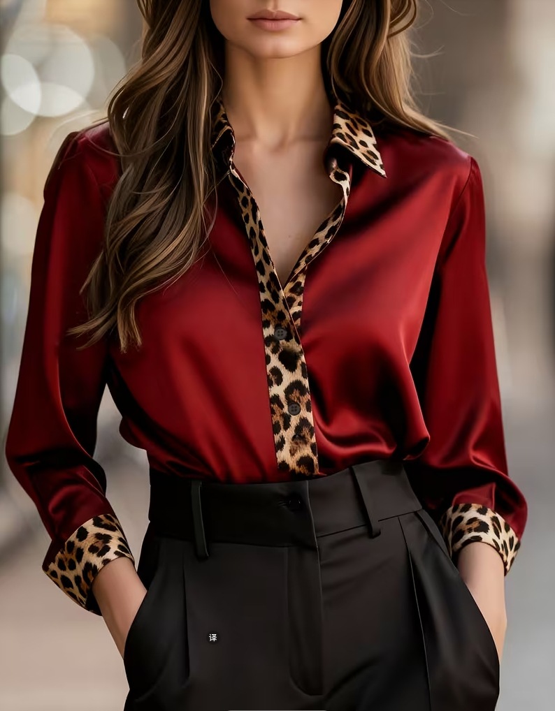 2026 New Arrival Spring-Autumn Office Slim-Fit Leopard Print Paneled Satin Collared Women’s Blouse – Available in Red, Green & Gray