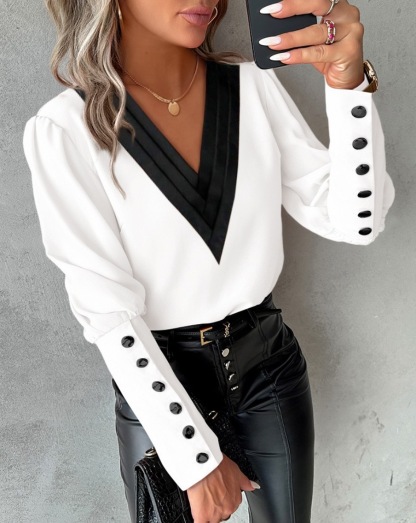 2025 Fall Fashion V-Neck Contrast-Trim Solid Color Long-Sleeve Button-Accent Women’s Blouse – Available in White, Pink, Apricot & Burgundy