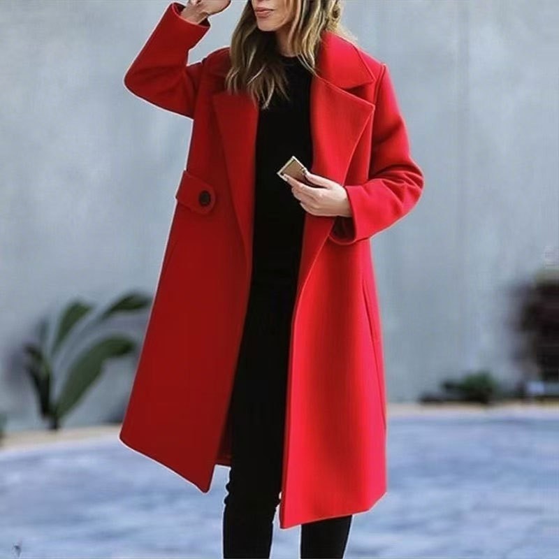 2026 New European & American Style Women's Solid Color Plus Size Wool Blend Coat Autumn Winter Outerwear (Red/Caramel/Camel/Black/Pink/Light Purple)
