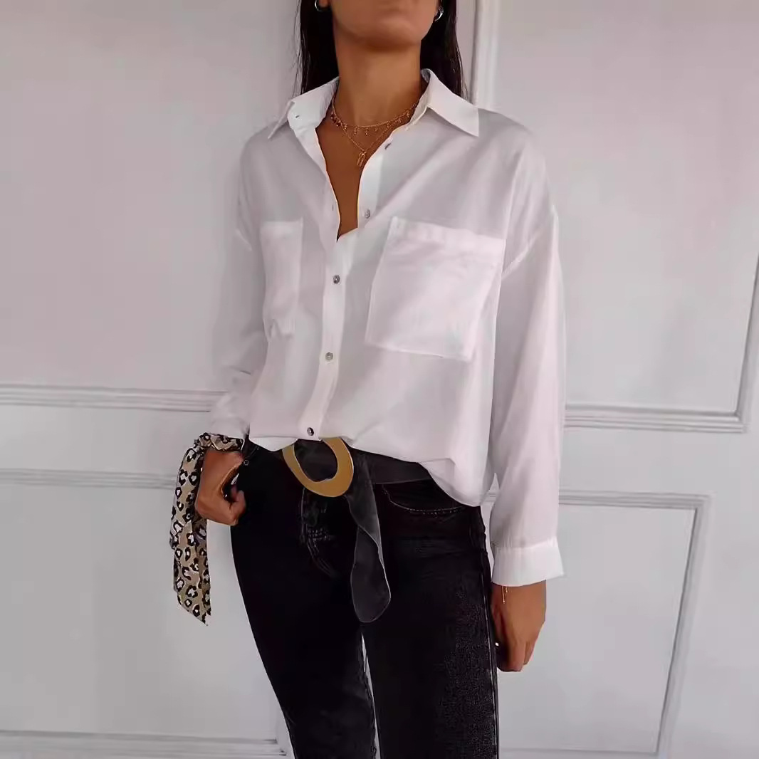 Women's Oversized Button-Down Shirt - Long Sleeve Loose Fit Blouse with Pockets (White/Black/Red/Olive Green)