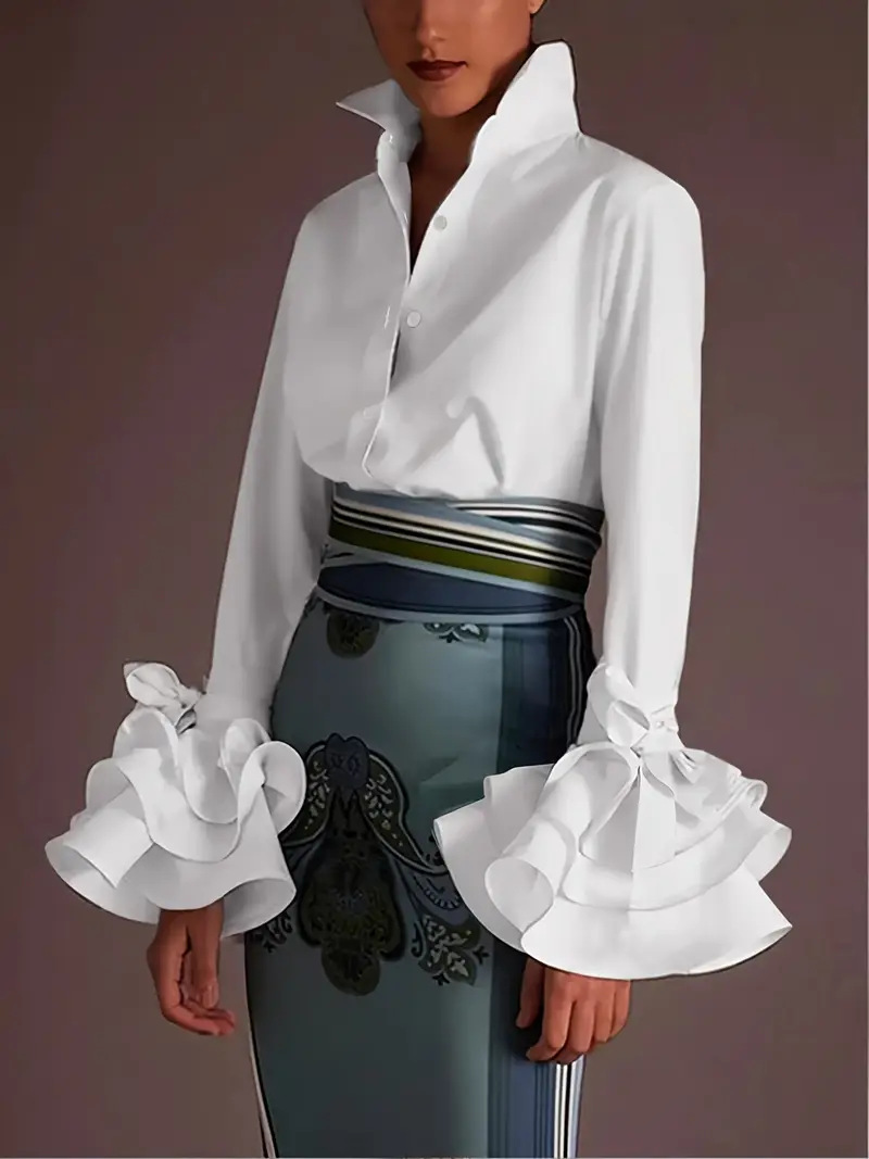 Women's Stand Collar Blouse - Elegant Retro Long Sleeve Shirt with Ruffled Bell Cuffs (Multiple Colors: Black/Red/Green/Pink/Polka Dot White/White)