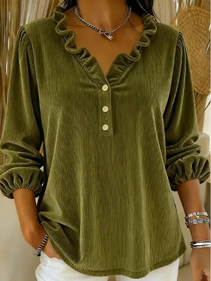 Solid Color Women's Corduroy Ruffle Collar Long Sleeve V-Neck Top