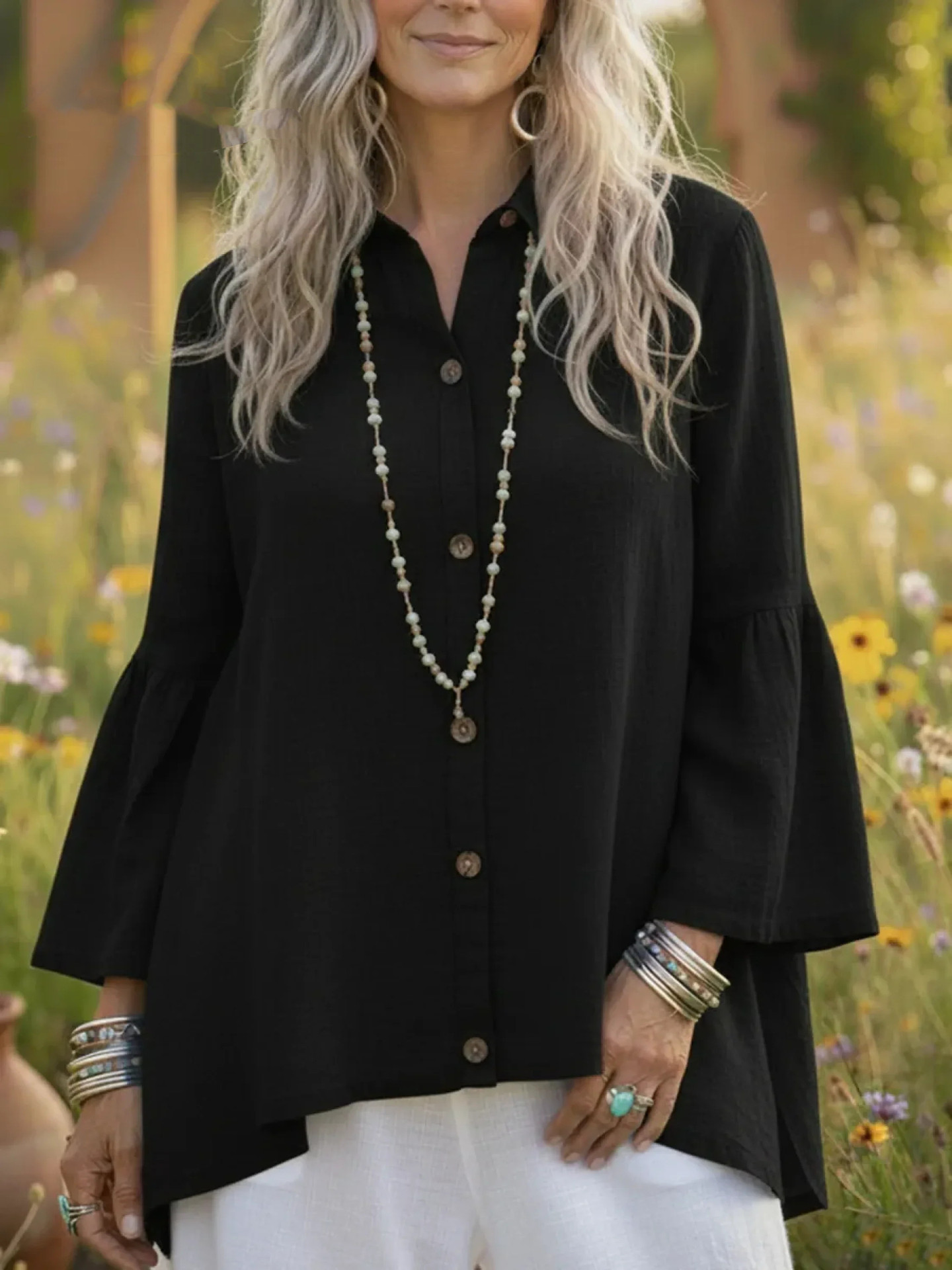 Women's Bell Sleeve Button-Front Casual Blouse - Relaxed Fit Lightweight Top with Asymmetrical Hem (Multi-Color Options)