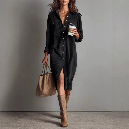 Solid Color Corduroy Long-sleeved Dress With Collared Shirt, Loose Long Dress