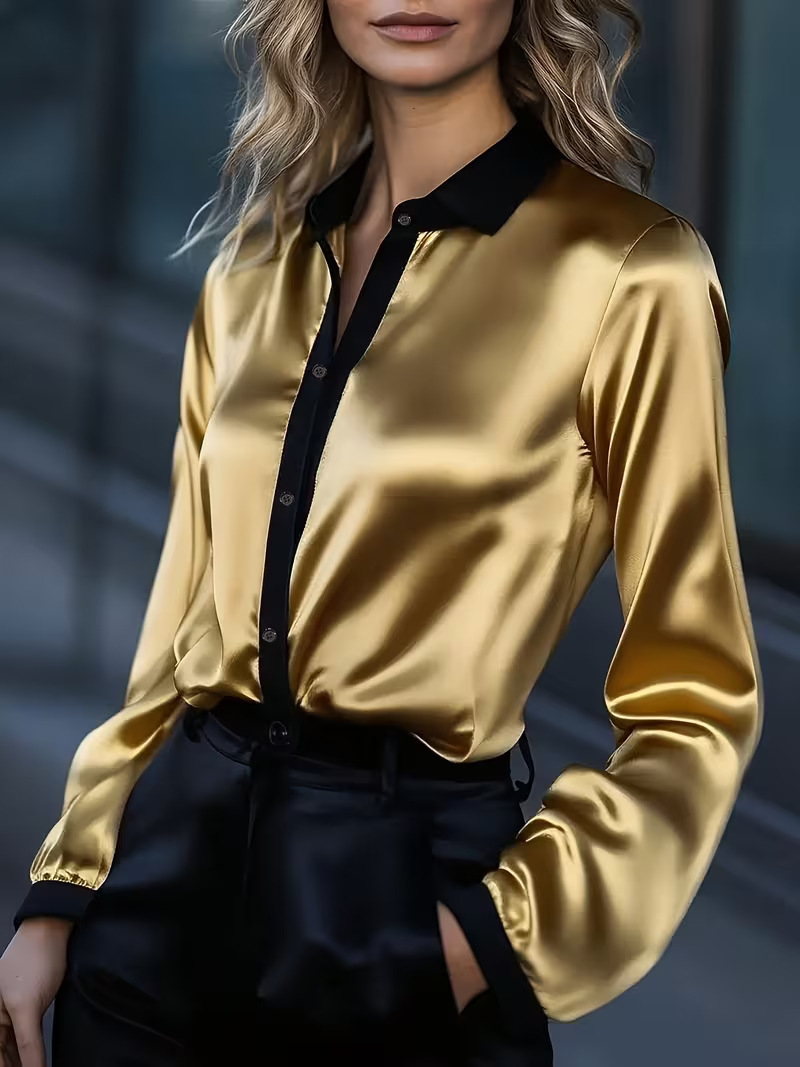 Lace-up color-block long-sleeved women's shirt with smooth and glossy texture. Black collar design. Available in multiple colors: blue, gold, gray, and green. A versatile and high-end top suitable for both work and daily wear, with a neat fit that suits v