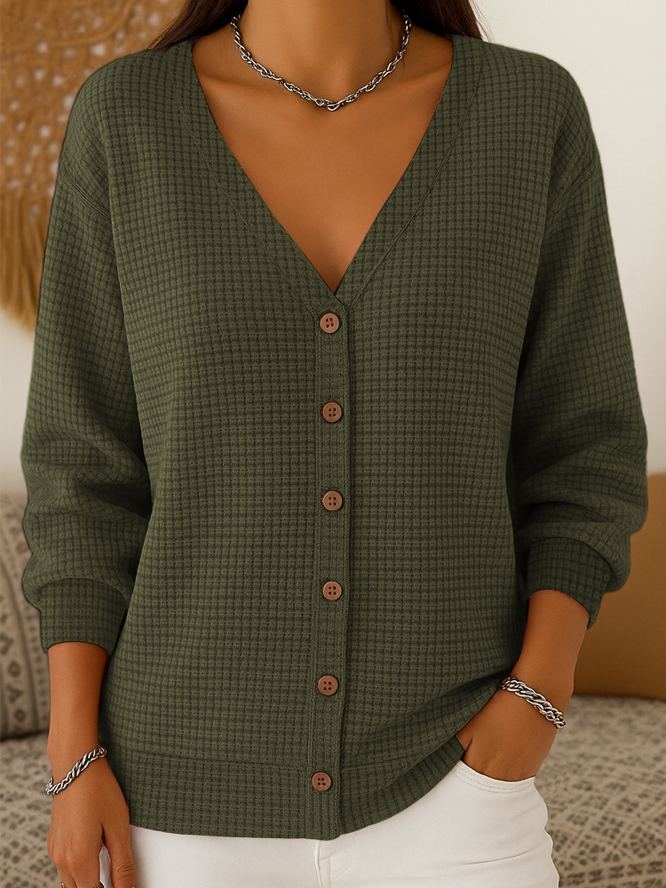 2026 Fall/Winter New Arrival Women's Casual Loose Stylish Checkered Long Sleeve Button Knit Cardigan Top (Colors: Navy Blue/Dark Green/Maroon/Peach)