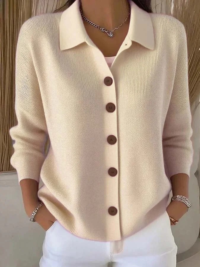 2026 Fall/Winter New Arrival Women's Button Knit Notched Lapel Sweater Cardigan Coat - Solid Color Casual Stylish Top (Colors: Pink/Apricot/Orange/Gray-Green/Emerald Green/White/Blue/Khaki/Burgundy/Sky Blue)