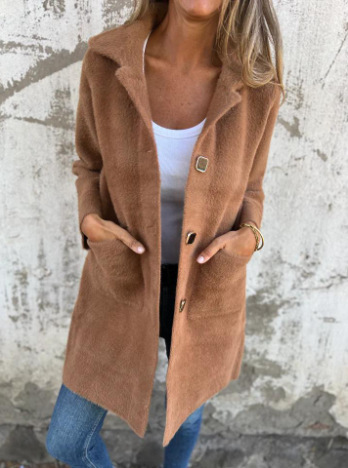 Women's Solid Color Lapel Pocket Cardigan - Single-Breasted Mid-Length Coat (Available in Blue, Camel, Apricot, Coffee, Orange, Pink, Black, Gray)