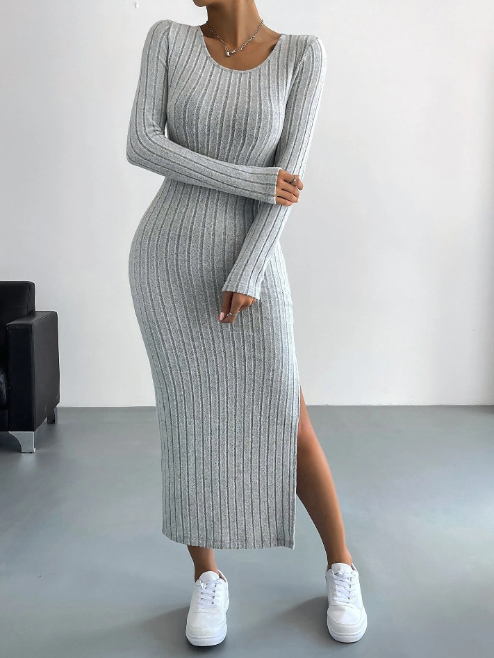 Fall & Winter New Arrival Women's Long Sleeve Crew Neck Split Hem Knit Maxi Dress - Available in Black, Light Gray & Army Green