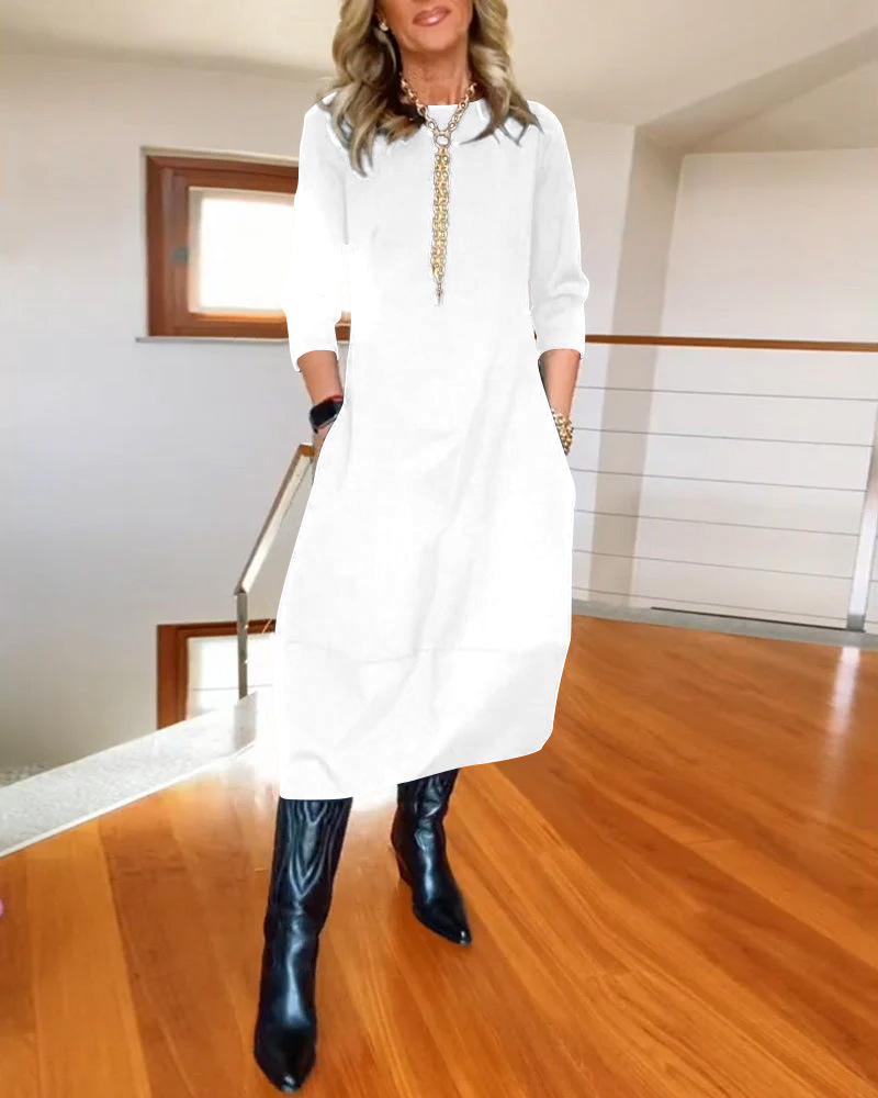 Fall & Winter New Arrival Women's Versatile Solid Color Loose Crew Neck Long Sleeve Dress - Available in Black, White, Burgundy, Green, Brown, Navy Blue & Gray