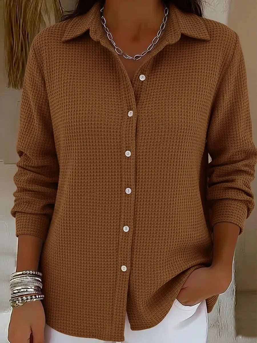 Women's Autumn Winter New Waffle Knit Button-Down Collar Cardigan Coat - Solid Color Casual Fashion Outerwear (Available in Burgundy/Dark Brown/Rose Red/Royal Blue)