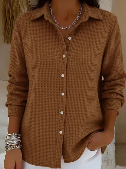 Women's Autumn Winter New Waffle Knit Button-Down Collar Cardigan Coat - Solid Color Casual Fashion Outerwear (Available in Burgundy/Dark Brown/Rose Red/Royal Blue)