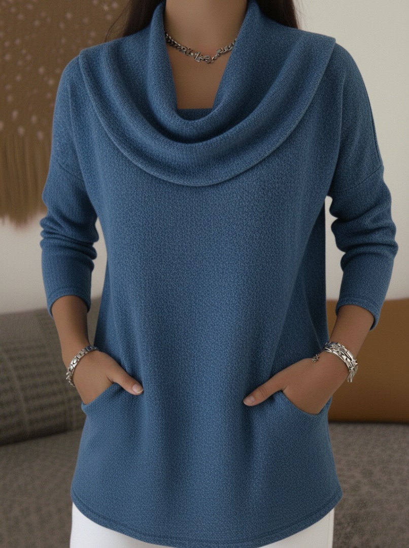 Women's Solid Color Turtleneck Long-sleeved Comfortable Casual Pocket Pullover Top
