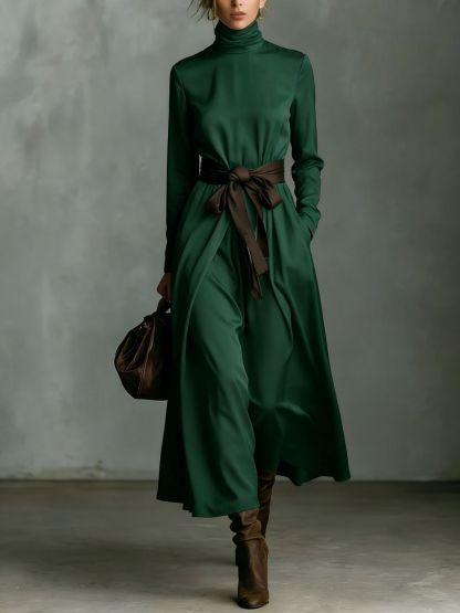 Women's Fashion Turtleneck Long-Sleeve Midi Dress With Contrast Belt (Available in White/Emerald Green)