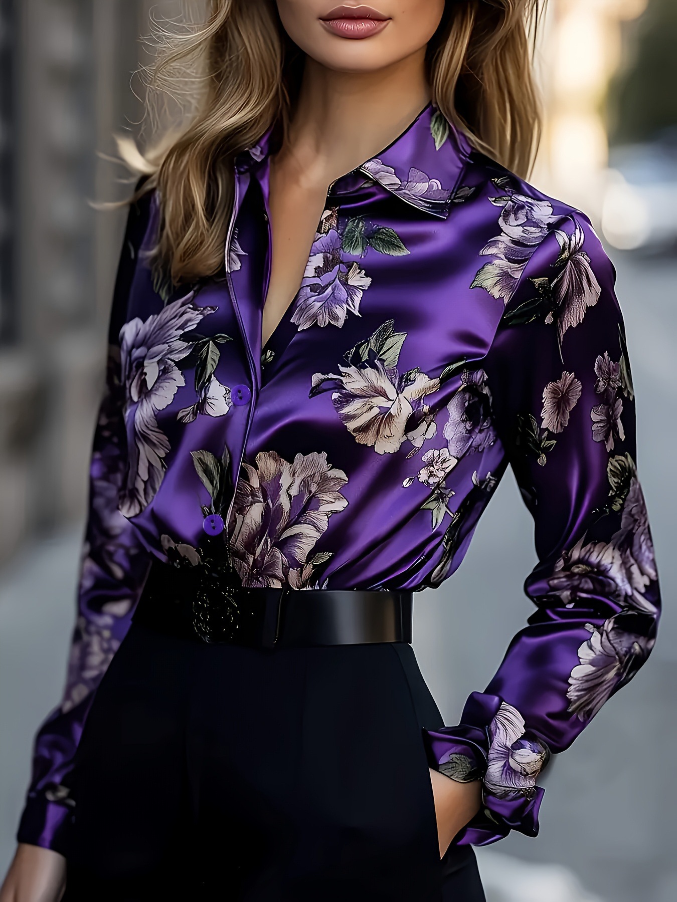 New Arrival Vintage Print Satin Long-Sleeve Women's Blouse Elegant & Comfortable Available in Burgundy, Purple, Fuchsia & Green