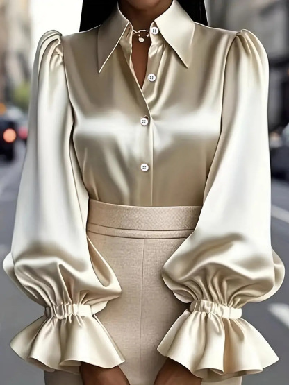 2026 New Arrival Elegant Office Solid Color Puff-Sleeve Collared Satin Women’s Shirt Available in Black, Apricot, Green, Burgundy & Pink