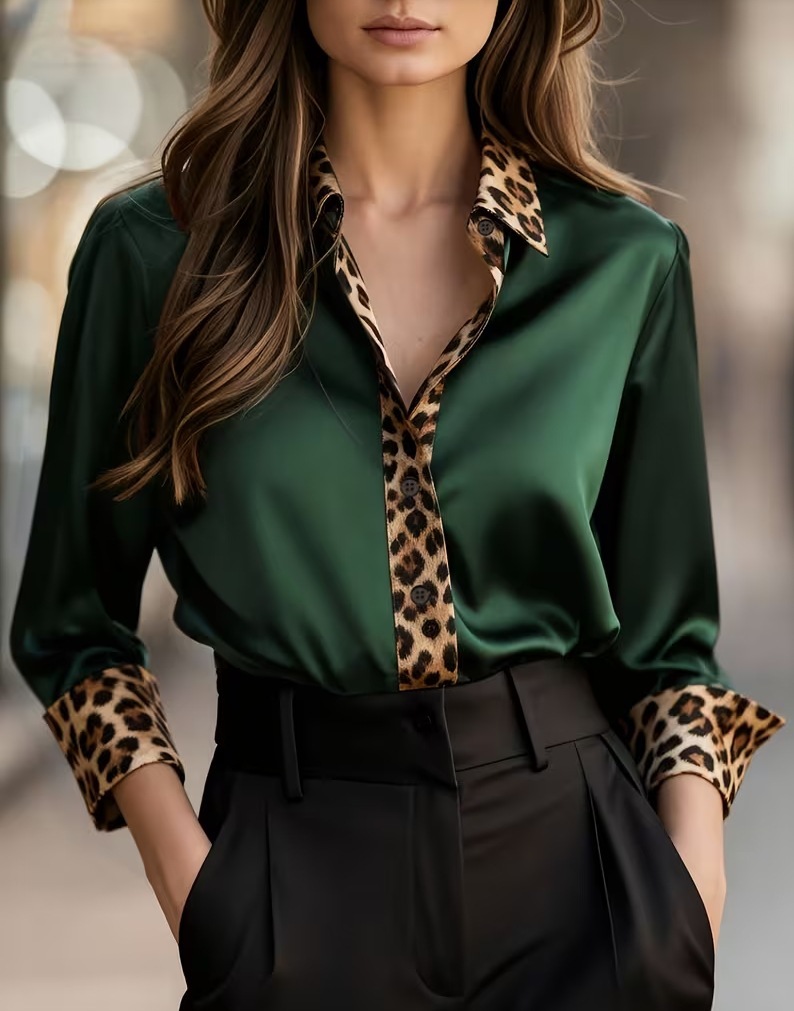 2026 New Arrival Spring-Autumn Office Slim-Fit Leopard Print Paneled Satin Collared Women’s Blouse – Available in Red, Green & Gray