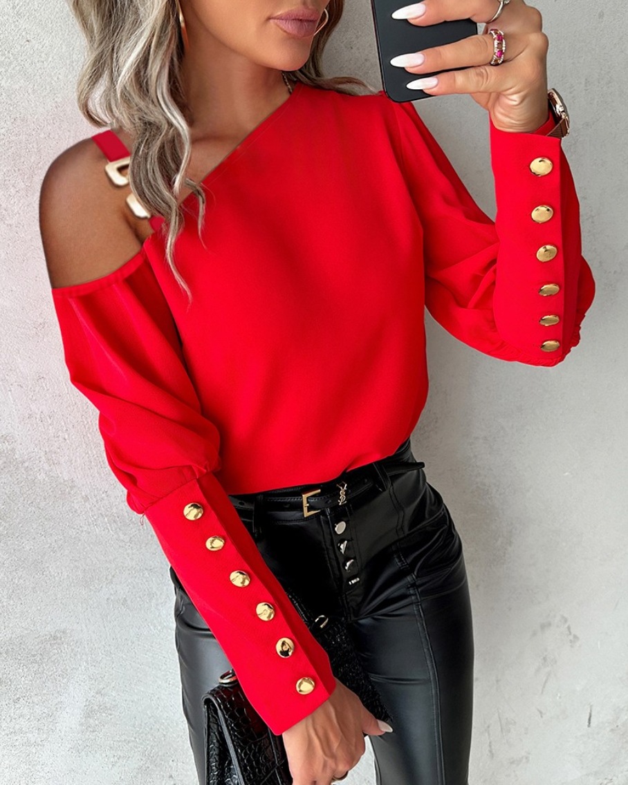 2026 Fall-Winter Solid Color Metal Button Cold-Shoulder Collar Button-Up Women’s Blouse – Available in White, Red, Blue & Black