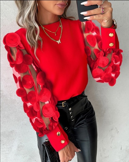 2025 Fall Long-Sleeve Fashion Round Neck Petal-Sleeve Women’s Blouse – Available in Blue, Red, Black & Black with Embroidered Mesh