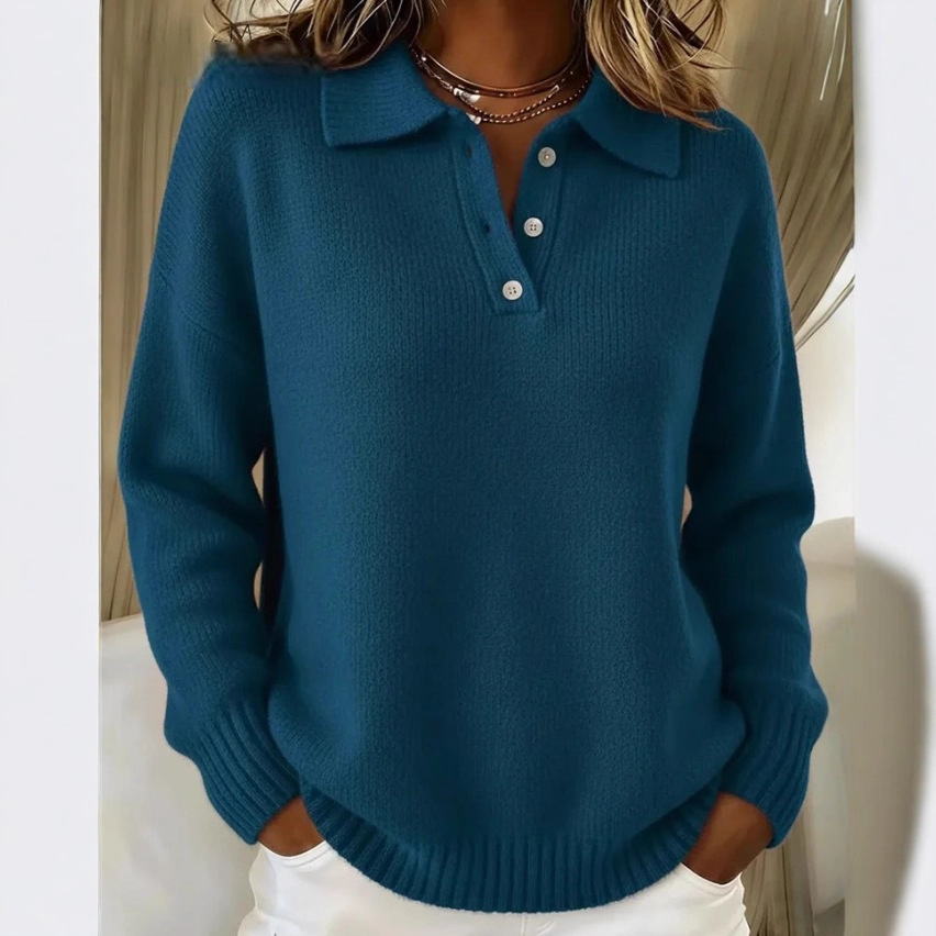 2025 Autumn Winter New Women's Loose Slouchy Soft Polo Collar Long Sleeve Button Sweater