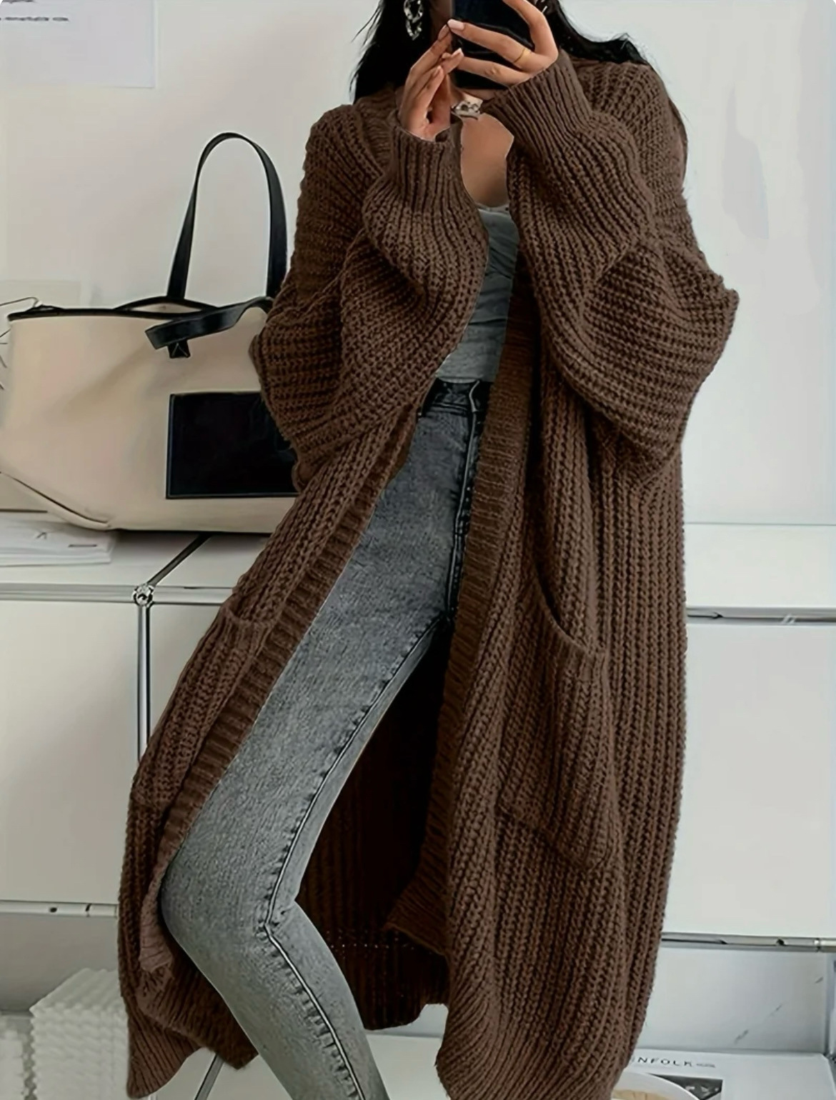 Women's New Long Slouchy Knit Cardigan Coat Autumn Winter Solid Color Loose Versatile Long Sleeve Outerwear