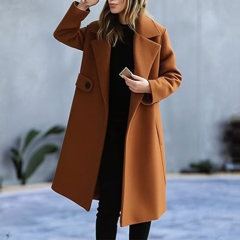 2026 New European & American Style Women's Solid Color Plus Size Wool Blend Coat Autumn Winter Outerwear (Red/Caramel/Camel/Black/Pink/Light Purple)