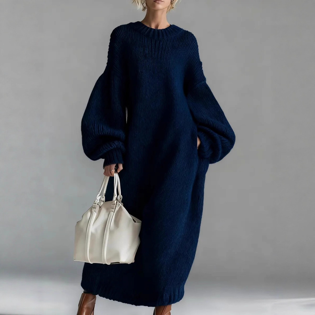 Women's Oversized Polyester Knit Sweater Dress - Baggy Puff Long Sleeve Maxi Dress with Side Pockets for Casual Daily/Weekend Wear
