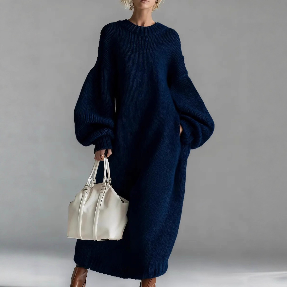 Women's Oversized Polyester Knit Sweater Dress - Baggy Puff Long Sleeve Maxi Dress with Side Pockets for Casual Daily/Weekend Wear