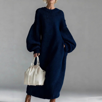 Women's Oversized Polyester Knit Sweater Dress - Baggy Puff Long Sleeve Maxi Dress with Side Pockets for Casual Daily/Weekend Wear