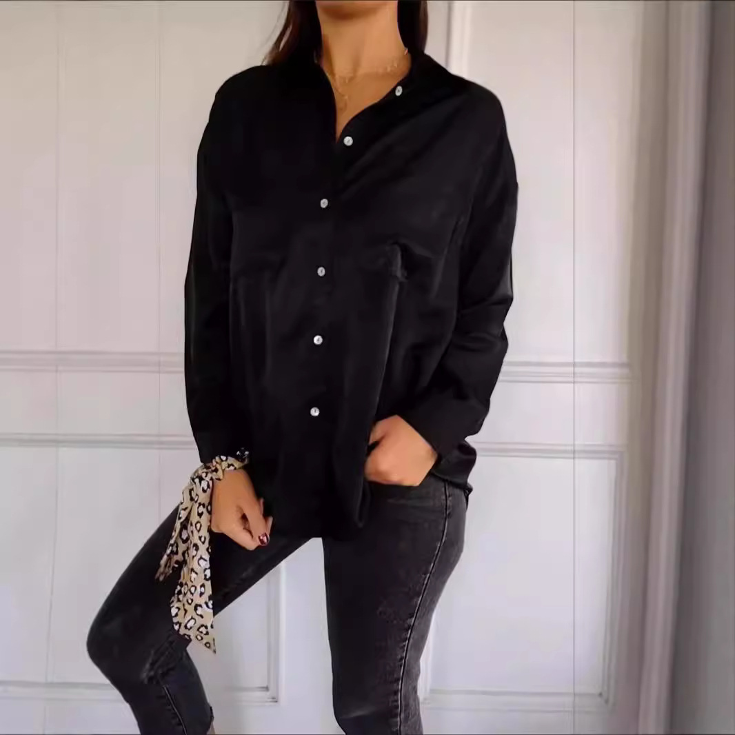 Women's Oversized Button-Down Shirt - Long Sleeve Loose Fit Blouse with Pockets (White/Black/Red/Olive Green)