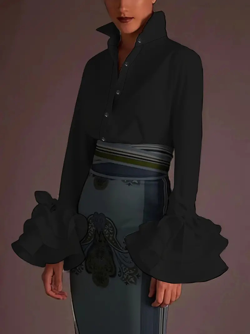 Women's Stand Collar Blouse - Elegant Retro Long Sleeve Shirt with Ruffled Bell Cuffs (Multiple Colors: Black/Red/Green/Pink/Polka Dot White/White)