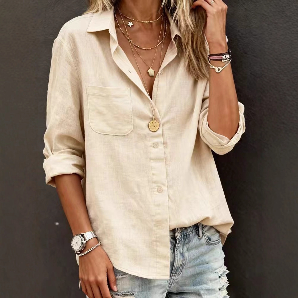Women's Oversized Cotton Button-Down Shirt - Relaxed Fit Collared Blouse with Chest Pocket (White/Beige/Light Blue/Pink)