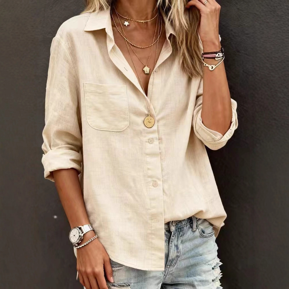 Women's Oversized Cotton Button-Down Shirt - Relaxed Fit Collared Blouse with Chest Pocket (White/Beige/Light Blue/Pink)