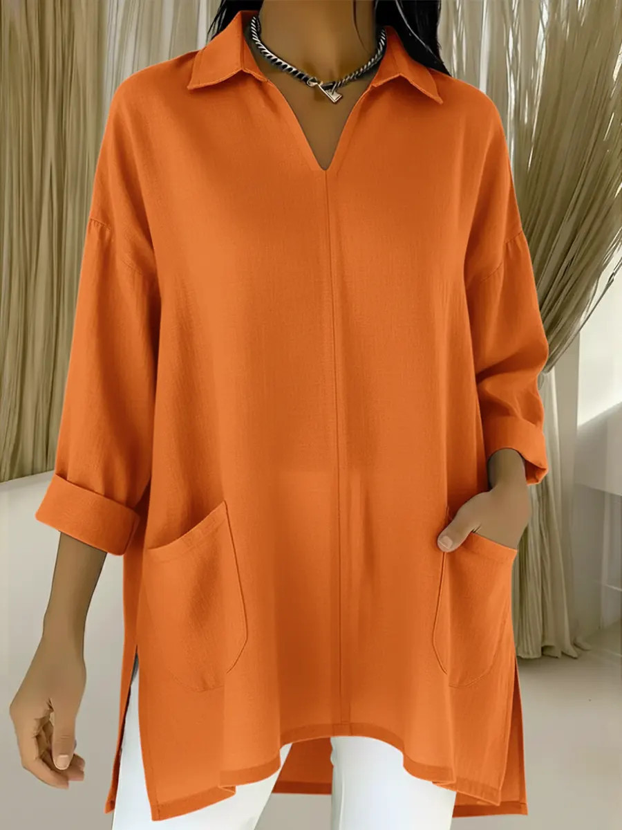 Women's Oversized V-Neck Collared Blouse - Relaxed Fit Longline Shirt with Side Pockets & Slits (7 Colors: Red/Orange/White/Blue/Purple/Light Blue/Navy)