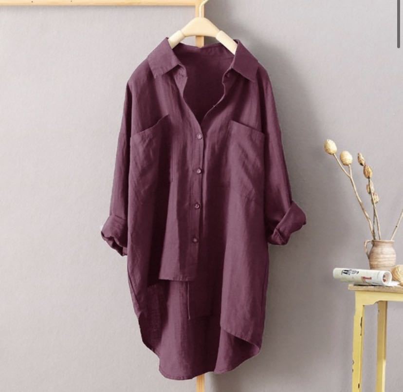 Women's Linen-Cotton Oversized Tunic Shirt - Loose Fit Long Sleeve Button-Down Blouse (Multi-Color Options)