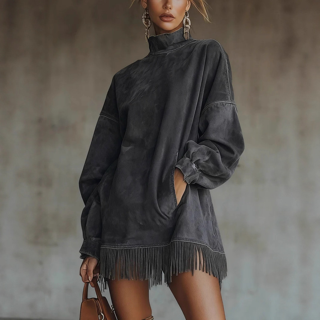 High-neck Suede Retro Loose-fitting Long-sleeved Dress With Pockets And Tassels