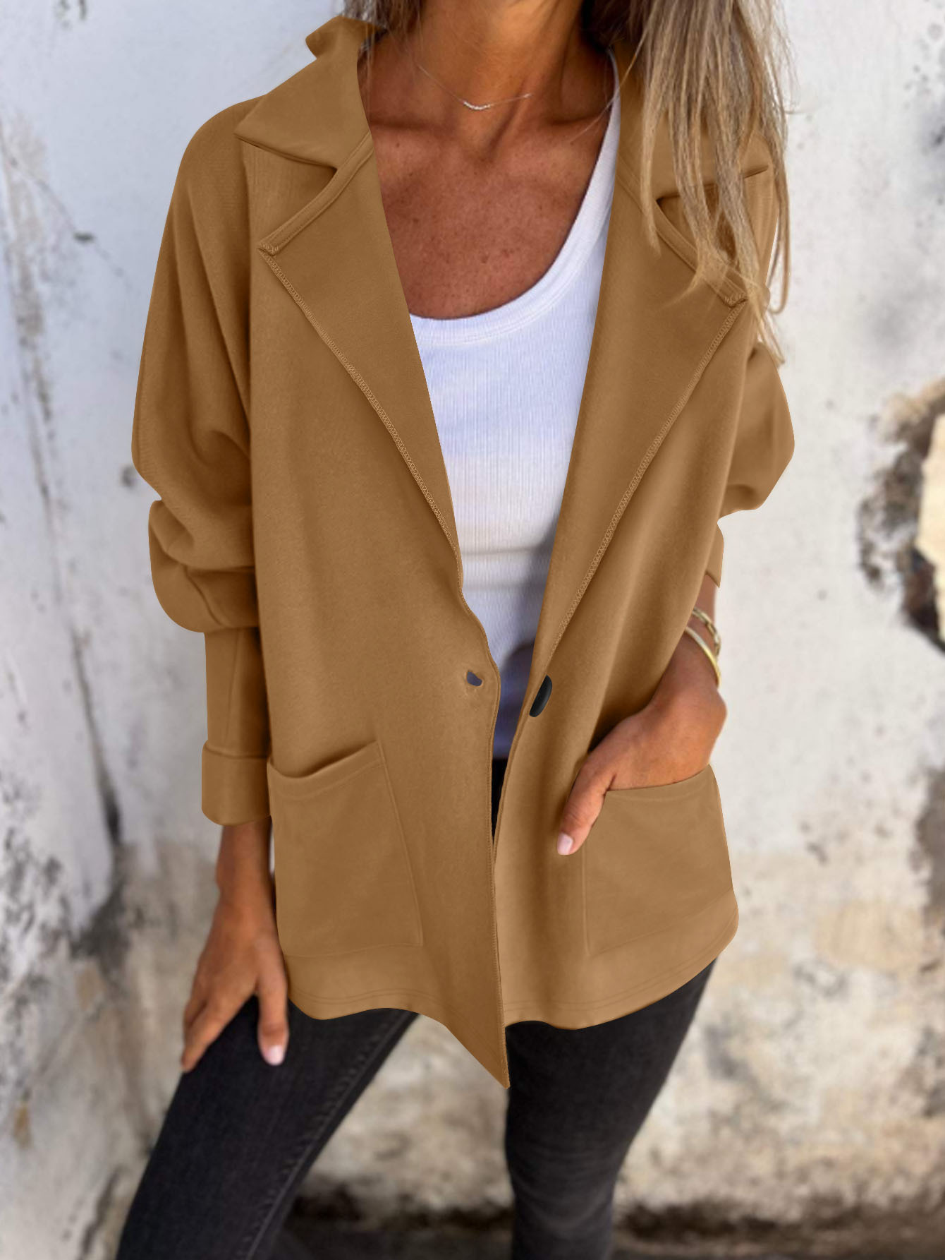 Women's Fall/Winter Blazer-Style Sweatshirt Jacket | Casual Minimalist Notched Lapel Single-Breasted Button Coat