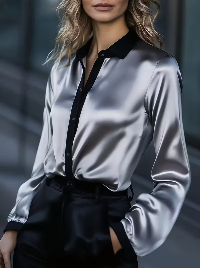 Lace-up color-block long-sleeved women's shirt with smooth and glossy texture. Black collar design. Available in multiple colors: blue, gold, gray, and green. A versatile and high-end top suitable for both work and daily wear, with a neat fit that suits v