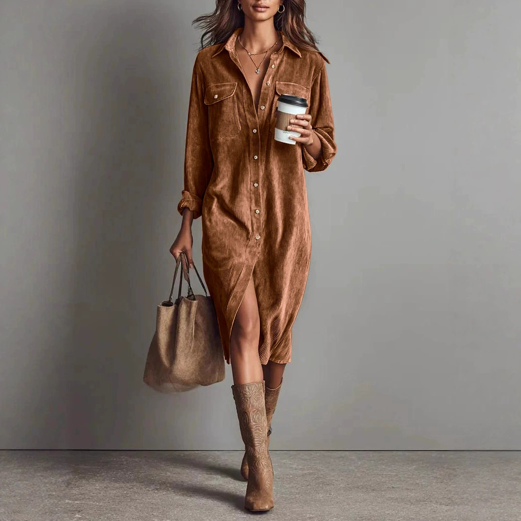 Solid Color Corduroy Long-sleeved Dress With Collared Shirt, Loose Long Dress