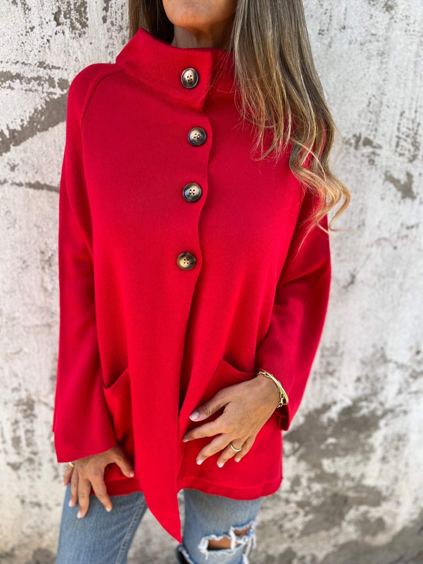Women's Notched Lapel Long Sleeve Casual Cardigan - Solid Color Knit Coat (3 Colors: Black/Red/Khaki) Daily Wear Loose-Fit Outerwear