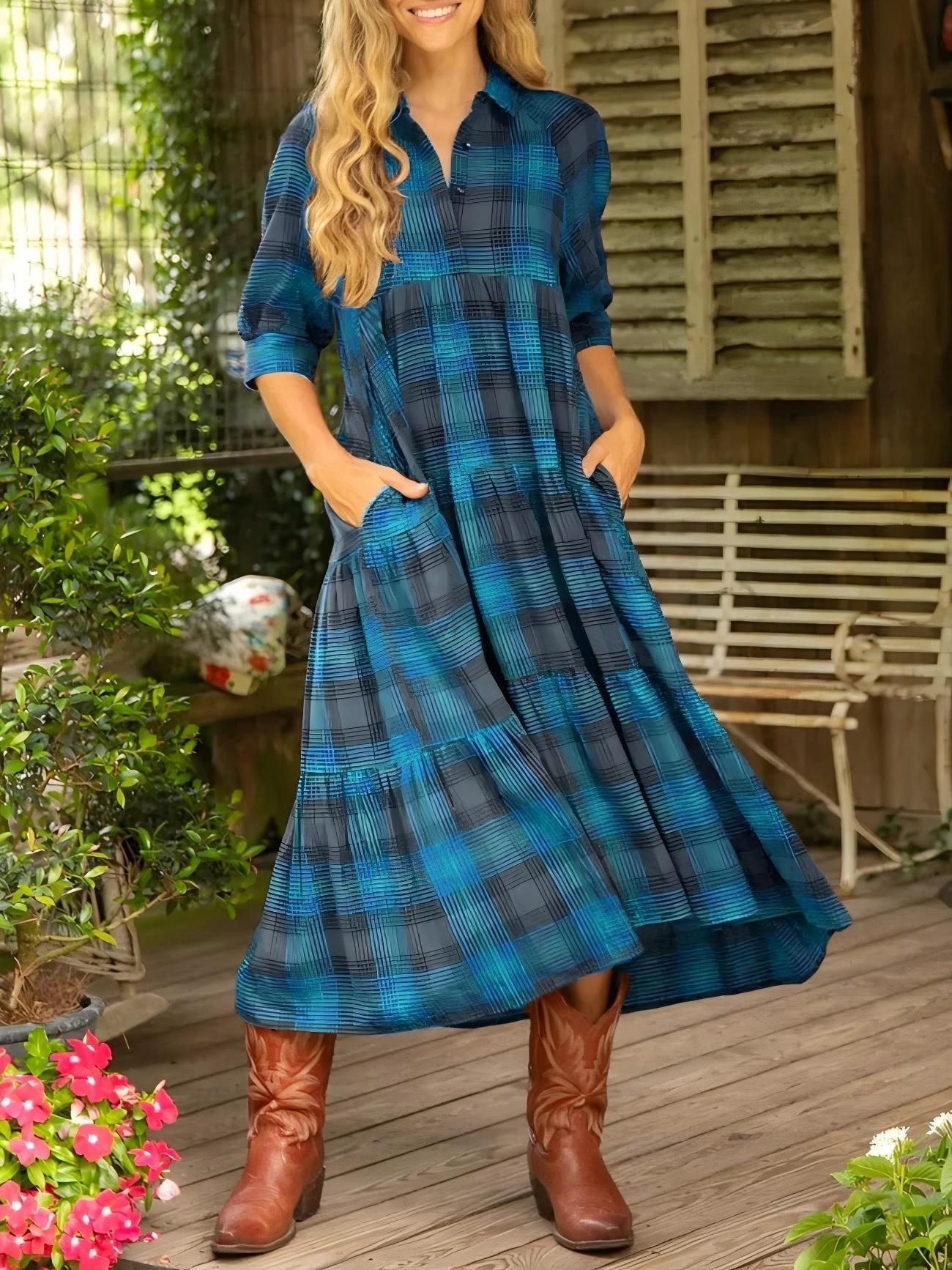 Women's Casual And Comfortable Plaid Retro Print Shirt Dress