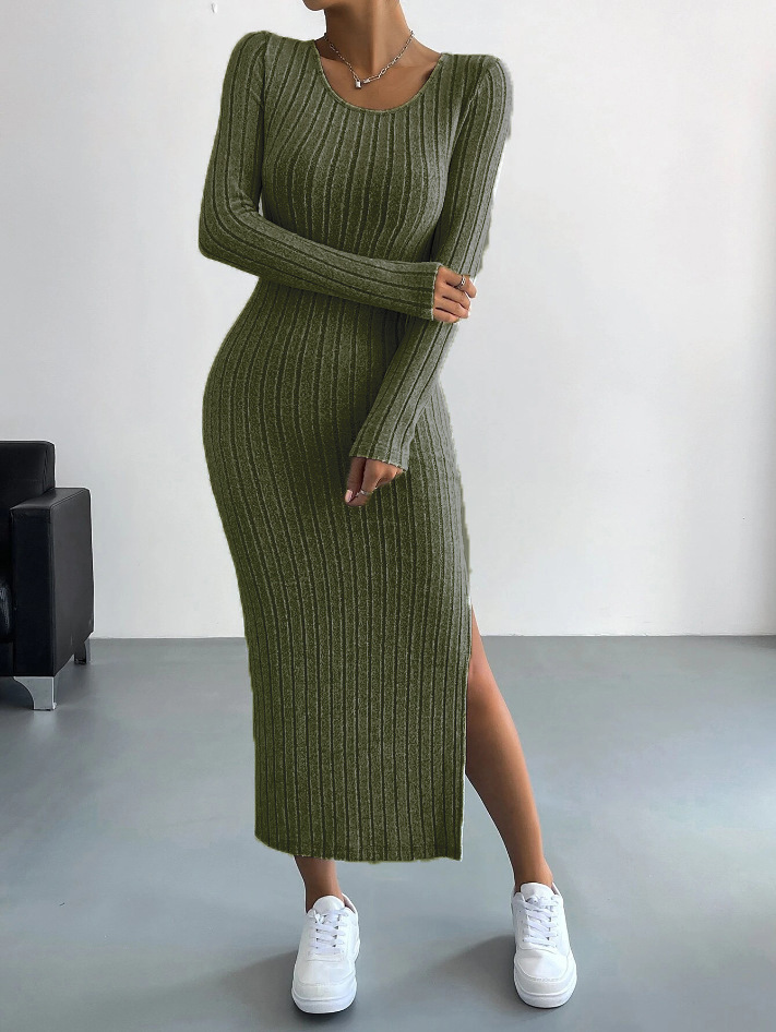 Fall & Winter New Arrival Women's Long Sleeve Crew Neck Split Hem Knit Maxi Dress - Available in Black, Light Gray & Army Green