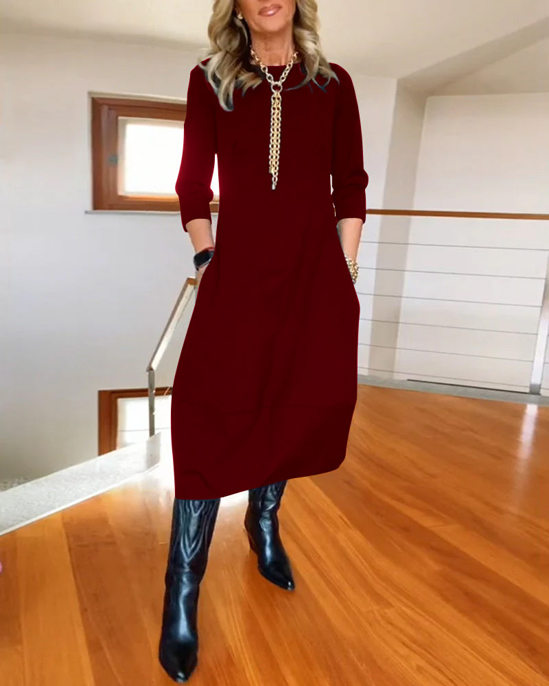 Fall & Winter New Arrival Women's Versatile Solid Color Loose Crew Neck Long Sleeve Dress - Available in Black, White, Burgundy, Green, Brown, Navy Blue & Gray