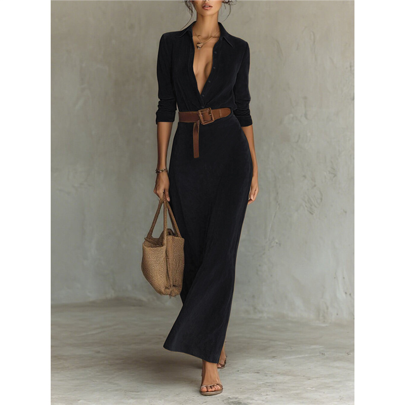 Women's Fall & Winter Suede Waist-Cinching Maxi Shirt Dress (Belt Included) - Available in Brown, Navy Blue, Black & Burgundy