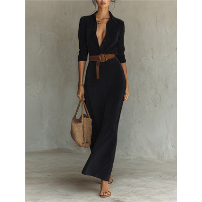 Women's Fall & Winter Suede Waist-Cinching Maxi Shirt Dress (Belt Included) - Available in Brown, Navy Blue, Black & Burgundy