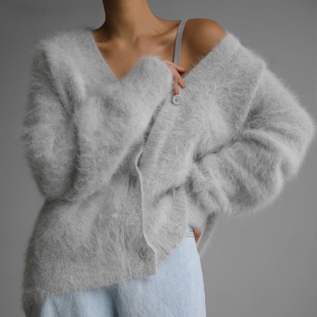 Women's Spring Autumn Faux Mink Cardigan - Lazy Style Loose Soft Long Sleeve Knit Sweater Coat - Available in Off-White, Dark Gray, Light Gray, Black, Khaki, Pink, Caramel, Yellow, Mustard Green, Dark Brown & Burgundy